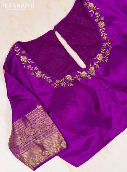Pure kanchipuram silk saree yellow and purple with zari woven buttas and zari woven border with Aari work blouse