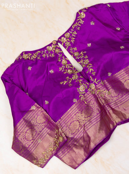 Pure kanchipuram silk saree yellow and purple with zari woven buttas and zari woven border with Aari work blouse