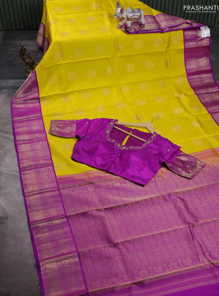 Pure kanchipuram silk saree yellow and purple with zari woven buttas and zari woven border with Aari work blouse