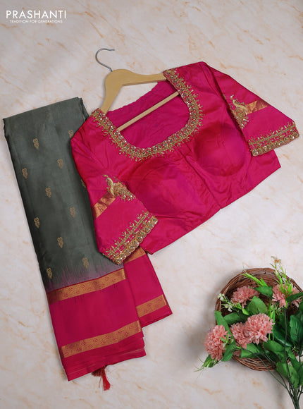 Pure kanchipuram silk saree pastel green and pink with allover zari woven buttas and rettapet zari woven border with Aari work blouse