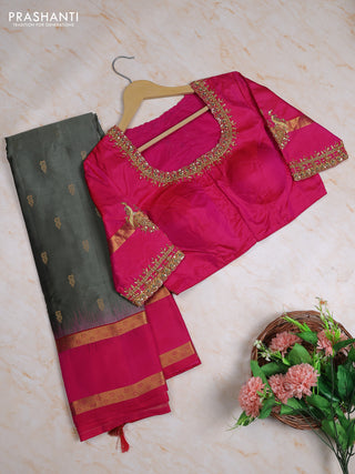 Pure kanchipuram silk saree pastel green and pink with allover zari woven buttas and rettapet zari woven border with Aari work blouse
