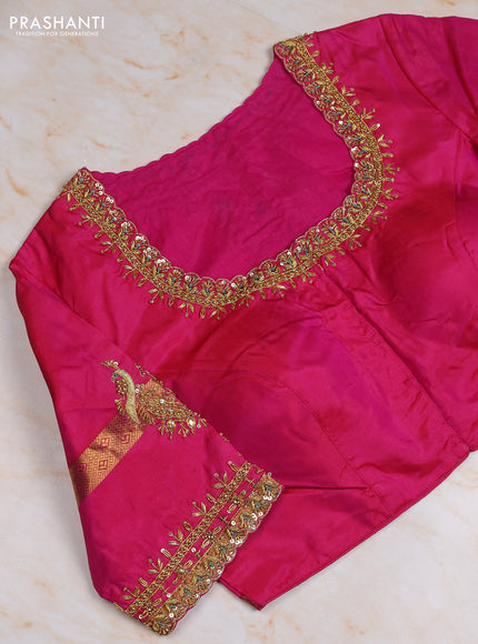 Pure kanchipuram silk saree pastel green and pink with allover zari woven buttas and rettapet zari woven border with Aari work blouse