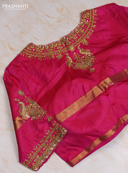 Pure kanchipuram silk saree pastel green and pink with allover zari woven buttas and rettapet zari woven border with Aari work blouse