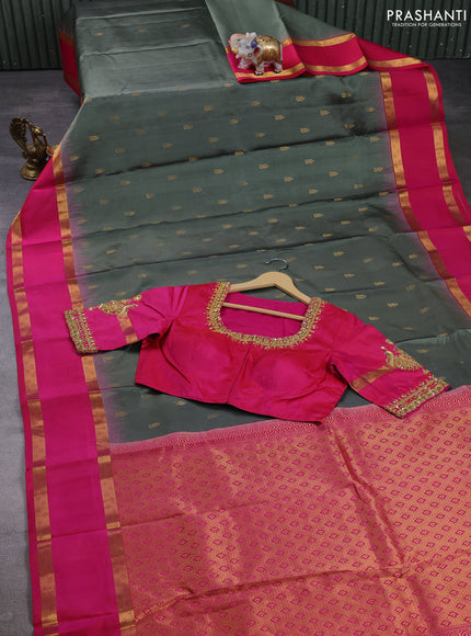 Pure kanchipuram silk saree pastel green and pink with allover zari woven buttas and rettapet zari woven border with Aari work blouse