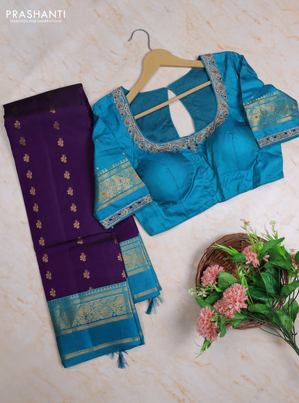 Pure kanchipuram silk saree violet and cs blue with allover zari woven buttas and zari woven korvai border with Aari work blouse