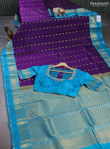 Pure kanchipuram silk saree violet and cs blue with allover zari woven buttas and zari woven korvai border with Aari work blouse