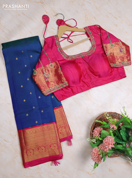 Pure kanchipuram silk saree dual shade of blue and pink with allover zari woven buttas and zari woven korvai border with Aari work blouse