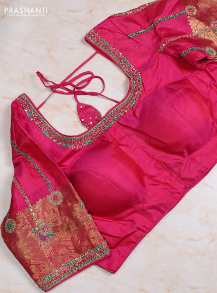 Pure kanchipuram silk saree dual shade of blue and pink with allover zari woven buttas and zari woven korvai border with Aari work blouse
