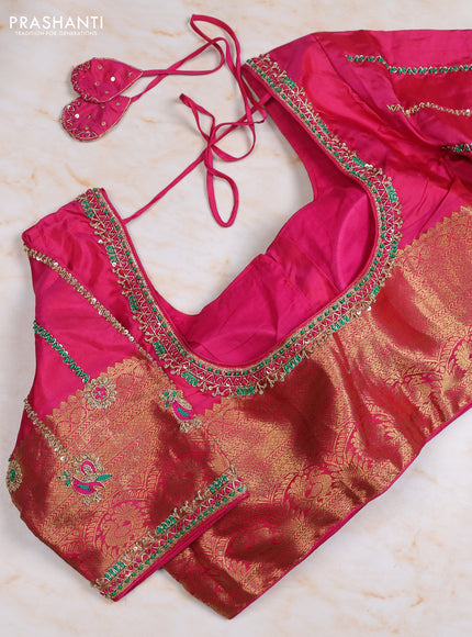 Pure kanchipuram silk saree dual shade of blue and pink with allover zari woven buttas and zari woven korvai border with Aari work blouse
