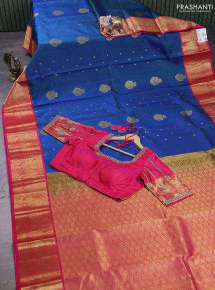 Pure kanchipuram silk saree dual shade of blue and pink with allover zari woven buttas and zari woven korvai border with Aari work blouse