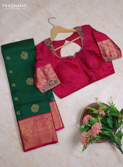 Pure kanchipuram silk saree green and pink with allover zari woven buttas and zari woven korvai border with Aari work blouse
