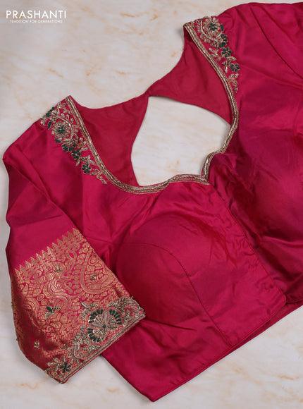Pure kanchipuram silk saree green and pink with allover zari woven buttas and zari woven korvai border with Aari work blouse