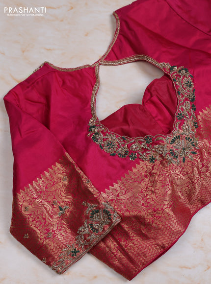 Pure kanchipuram silk saree green and pink with allover zari woven buttas and zari woven korvai border with Aari work blouse