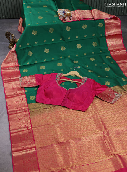 Pure kanchipuram silk saree green and pink with allover zari woven buttas and zari woven korvai border with Aari work blouse