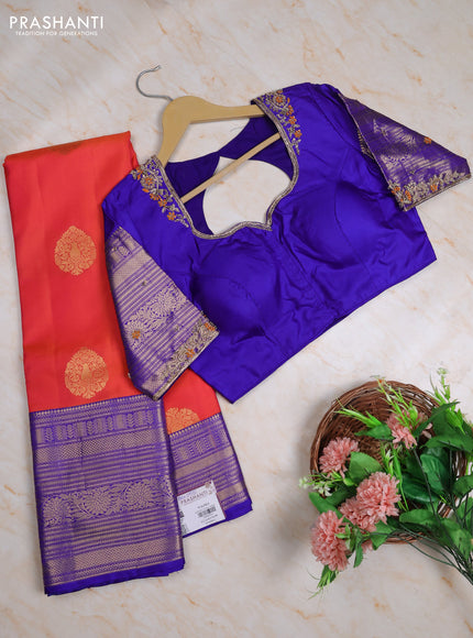 Pure kanchipuram silk saree orange and royal blue with zari woven buttas and long zari woven korvai boredr with Aari work blouse