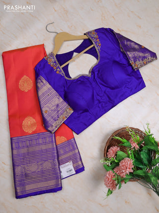Pure kanchipuram silk saree orange and royal blue with zari woven buttas and long zari woven korvai boredr with Aari work blouse