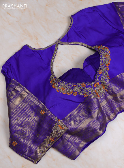 Pure kanchipuram silk saree orange and royal blue with zari woven buttas and long zari woven korvai boredr with Aari work blouse