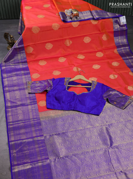 Pure kanchipuram silk saree orange and royal blue with zari woven buttas and long zari woven korvai boredr with Aari work blouse