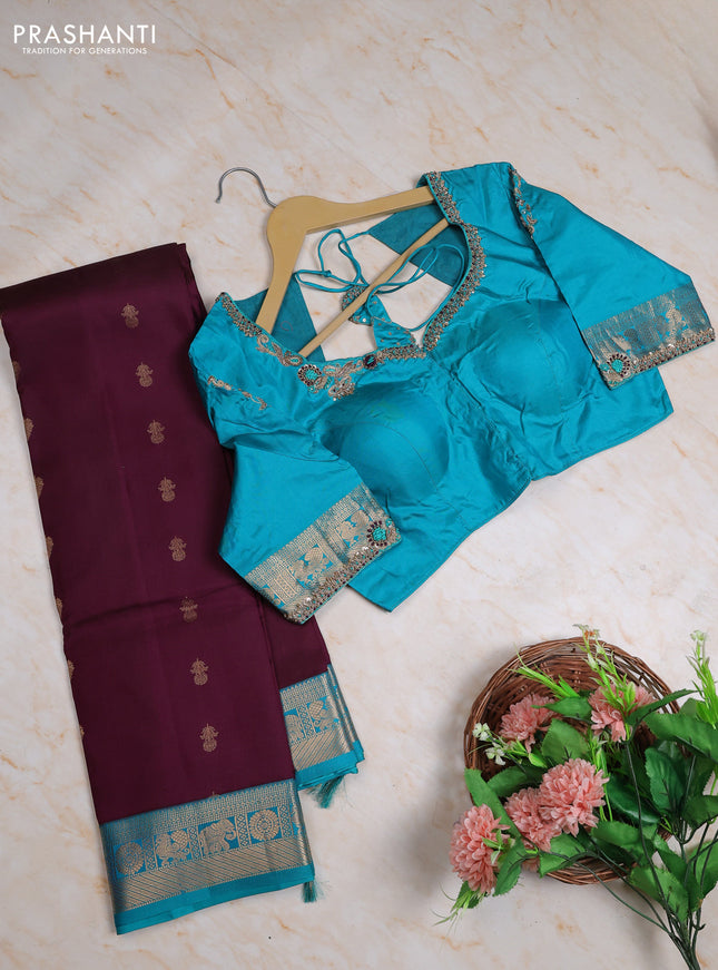 Pure kanchipuram silk saree deep wine and cs blue with allover zari woven buttas and zari woven border with Aari work blouse