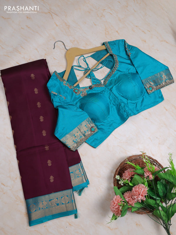 Pure kanchipuram silk saree deep wine and cs blue with allover zari woven buttas and zari woven border with Aari work blouse