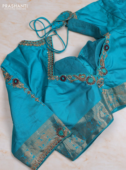Pure kanchipuram silk saree deep wine and cs blue with allover zari woven buttas and zari woven border with Aari work blouse