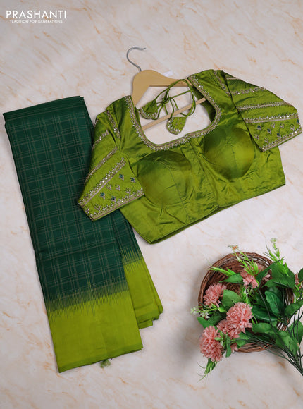 Pure kanchipuram silk saree green and light green with allover zari checked pattern and simple border with Aari work blouse