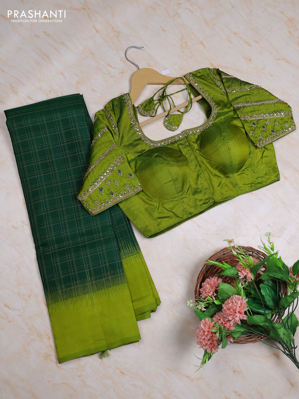 Pure kanchipuram silk saree green and light green with allover zari checked pattern and simple border with Aari work blouse