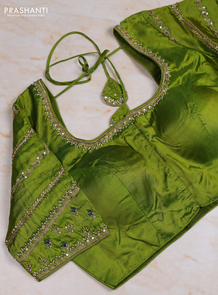 Pure kanchipuram silk saree green and light green with allover zari checked pattern and simple border with Aari work blouse