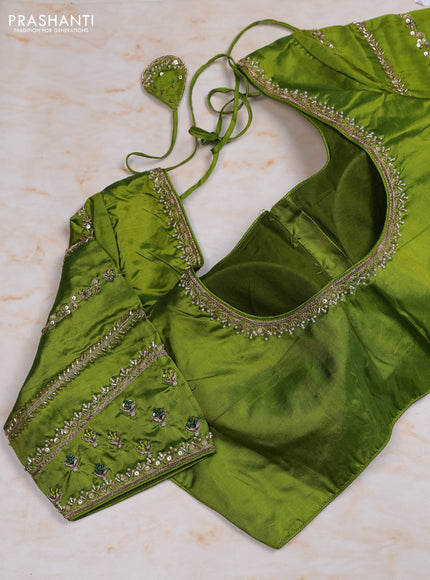 Pure kanchipuram silk saree green and light green with allover zari checked pattern and simple border with Aari work blouse
