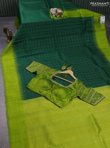 Pure kanchipuram silk saree green and light green with allover zari checked pattern and simple border with Aari work blouse