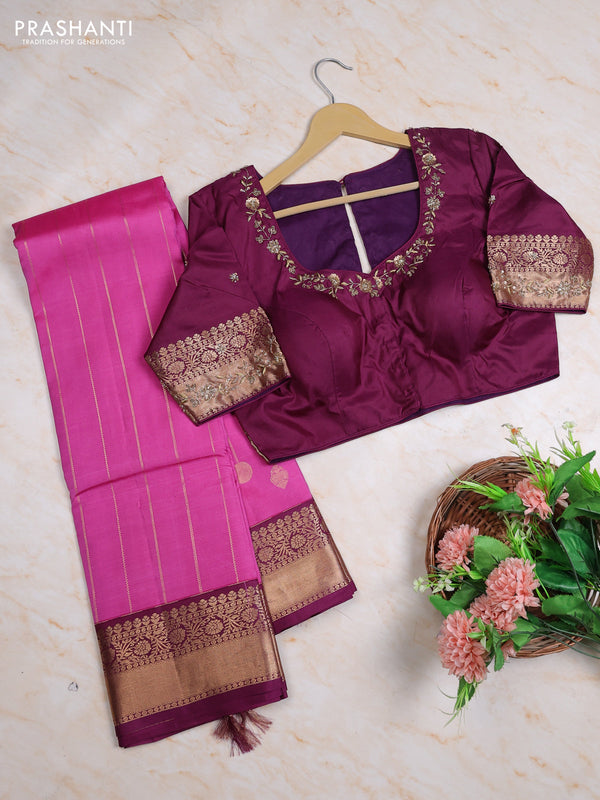 Pure kanchipuram silk saree light pink and wine shade with allover zari weaves pattern and rich zari woven border with Aari work blouse