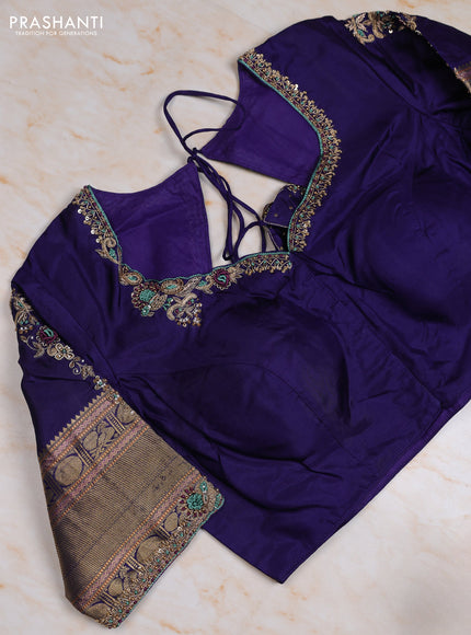 Pure kanchipuram silk saree teal green and navy blue with allover zari woven buttas and zari woven korvai border with Aari work blouse