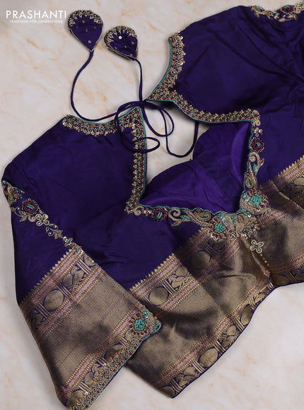 Pure kanchipuram silk saree teal green and navy blue with allover zari woven buttas and zari woven korvai border with Aari work blouse