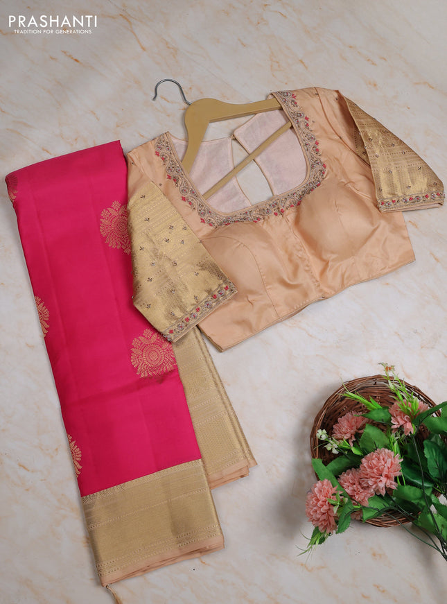 Pure kanchipuram silk saree peach pink and pastel peach with zari woven buttas and long zari woven border with Aari work blouse