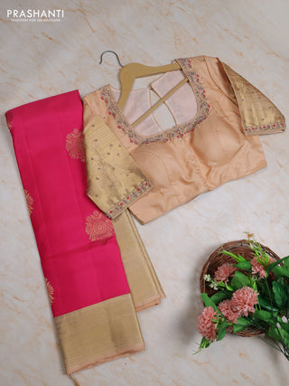 Pure kanchipuram silk saree peach pink and pastel peach with zari woven buttas and long zari woven border with Aari work blouse