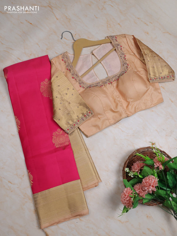 Pure kanchipuram silk saree peach pink and pastel peach with zari woven buttas and long zari woven border with Aari work blouse