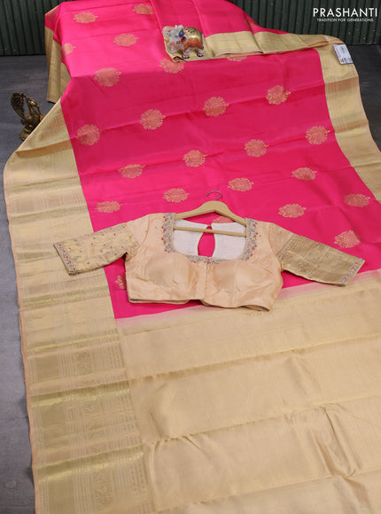 Pure kanchipuram silk saree peach pink and pastel peach with zari woven buttas and long zari woven border with Aari work blouse