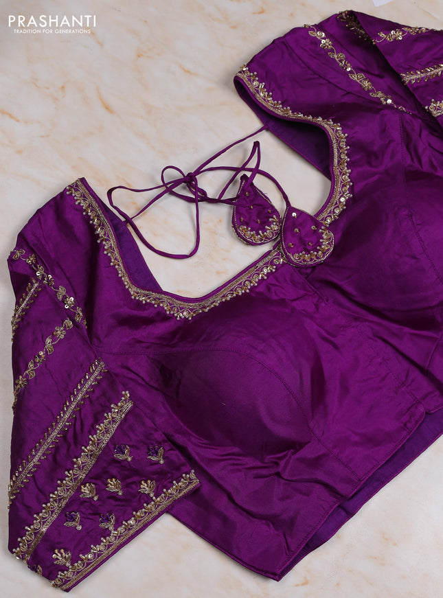 Pure kanchipuram silk saree beige and purple with allover zari weaves & buttas and simple border with Aari work blouse