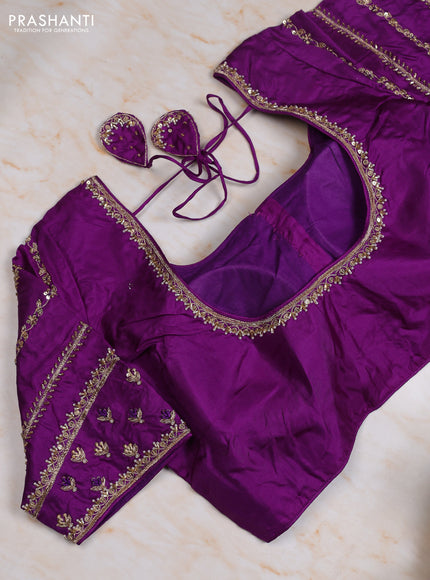Pure kanchipuram silk saree beige and purple with allover zari weaves & buttas and simple border with Aari work blouse