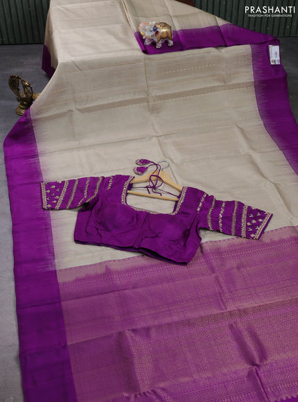 Pure kanchipuram silk saree beige and purple with allover zari weaves & buttas and simple border with Aari work blouse
