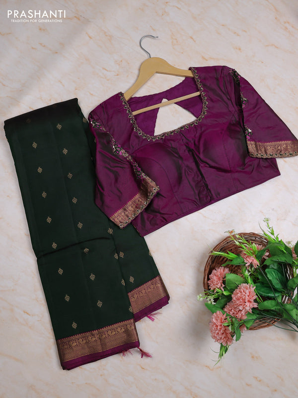 Pure kanchipuram silk saree bottle green and magenta pink with allover zari woven buttas and small zari woven border with Aari work blouse