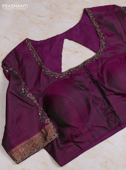 Pure kanchipuram silk saree bottle green and magenta pink with allover zari woven buttas and small zari woven border with Aari work blouse