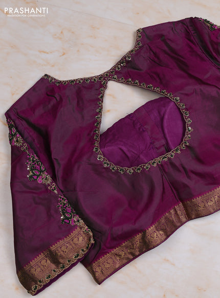 Pure kanchipuram silk saree bottle green and magenta pink with allover zari woven buttas and small zari woven border with Aari work blouse