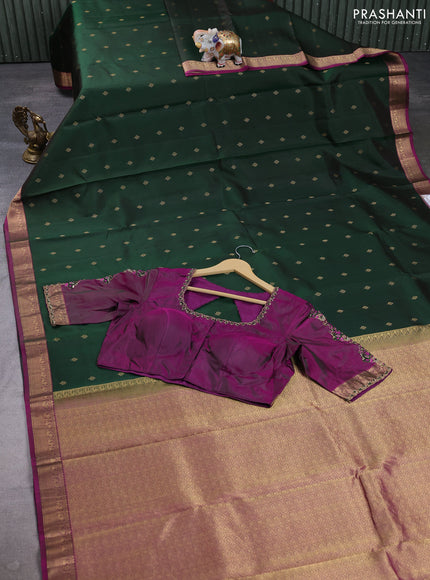 Pure kanchipuram silk saree bottle green and magenta pink with allover zari woven buttas and small zari woven border with Aari work blouse