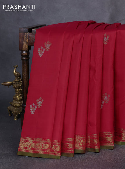 Puer kanchipuram silk saree red with silver & zari woven buttas and zari woven border