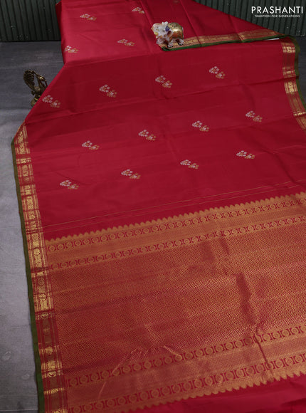 Puer kanchipuram silk saree red with silver & zari woven buttas and zari woven border