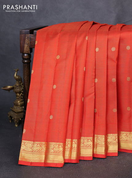 Puer kanchipuram silk saree orange and wiith allover vairaosi & zari woven buttas and zari woven border