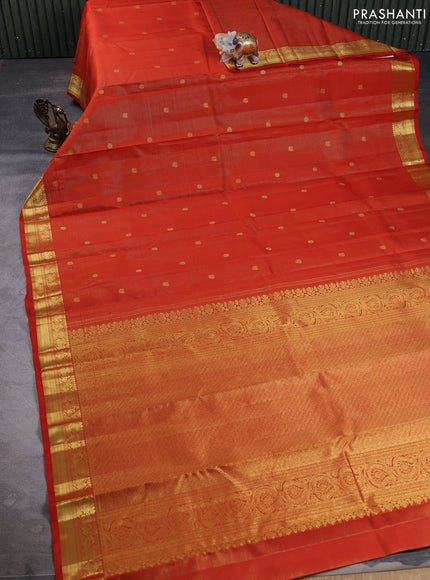 Puer kanchipuram silk saree orange and wiith allover vairaosi & zari woven buttas and zari woven border