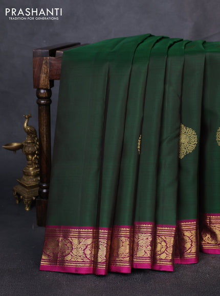 Puer kanchipuram silk saree green and magenta pink with zari woven buttas and zari woven border