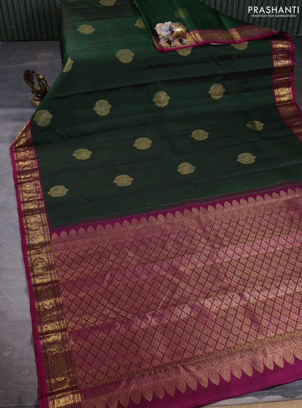 Puer kanchipuram silk saree green and magenta pink with zari woven buttas and zari woven border